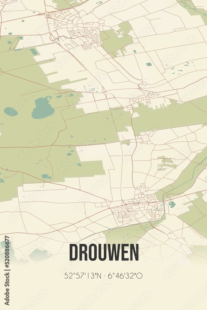 Retro Dutch city map of Drouwen located in Drenthe. Vintage street map.