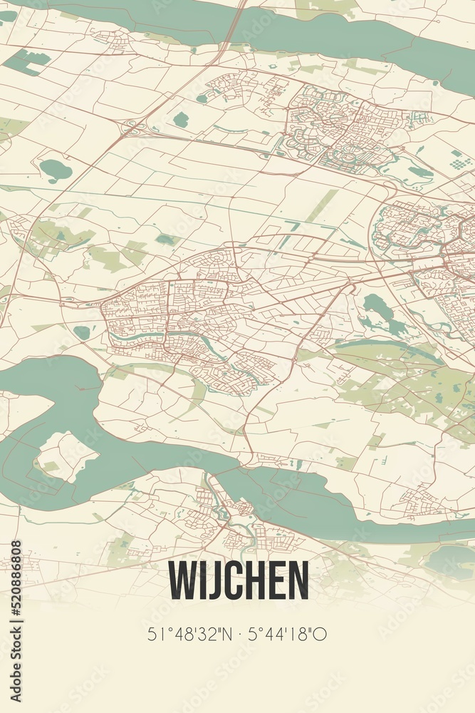 Retro Dutch city map of Wijchen located in Gelderland. Vintage street map.