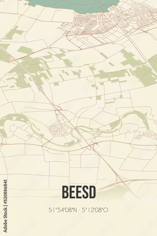 Obraz premium Retro Dutch city map of Beesd located in Gelderland. Vintage street map.