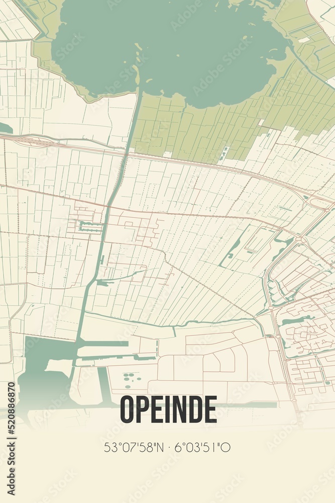 Retro Dutch city map of Opeinde located in Fryslan. Vintage street map.