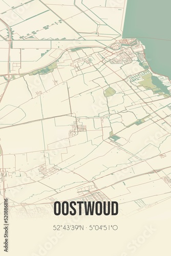 Retro Dutch city map of Oostwoud located in Noord-Holland. Vintage street map.