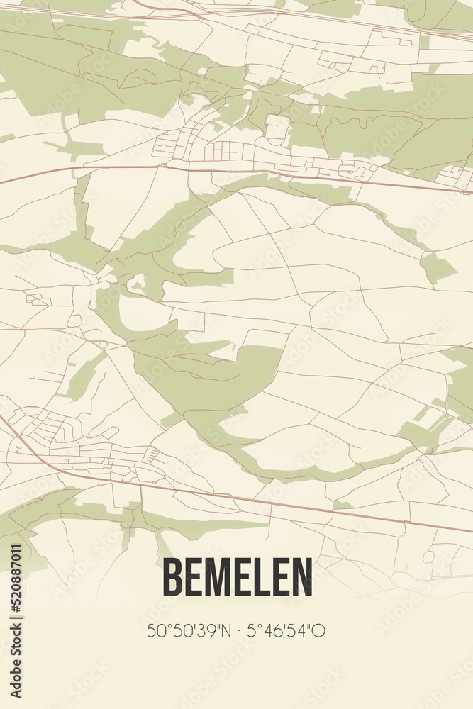 Retro Dutch city map of Bemelen located in Limburg. Vintage street map.
