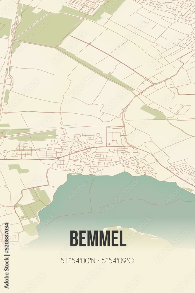 Obraz premium Retro Dutch city map of Bemmel located in Gelderland. Vintage street map.
