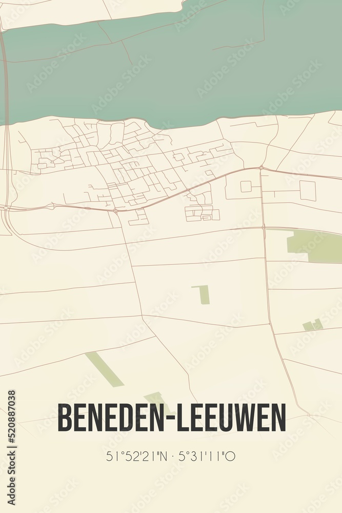 Retro Dutch city map of Beneden-Leeuwen located in Gelderland. Vintage street map. Retro Dutch city map of Beneden-Leeuwen located in Gelderland. Vintage street map.