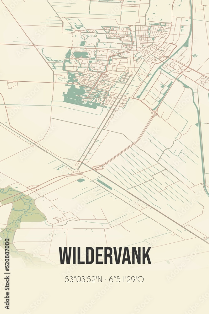 Retro Dutch city map of Wildervank located in Groningen. Vintage street map. Retro Dutch city map of Wildervank located in Groningen. Vintage street map.