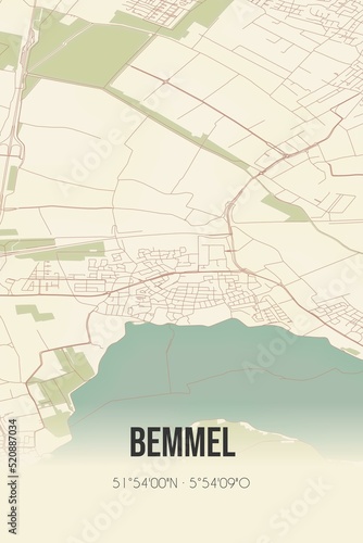 Retro Dutch city map of Bemmel located in Gelderland. Vintage street map.