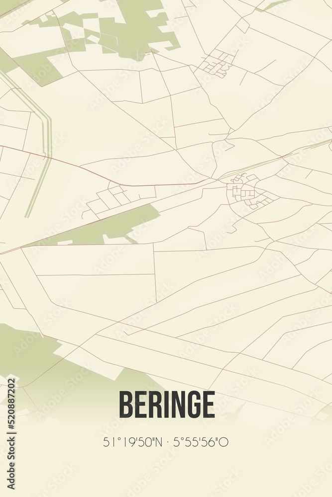 Retro Dutch city map of Beringe located in Limburg. Vintage street map.