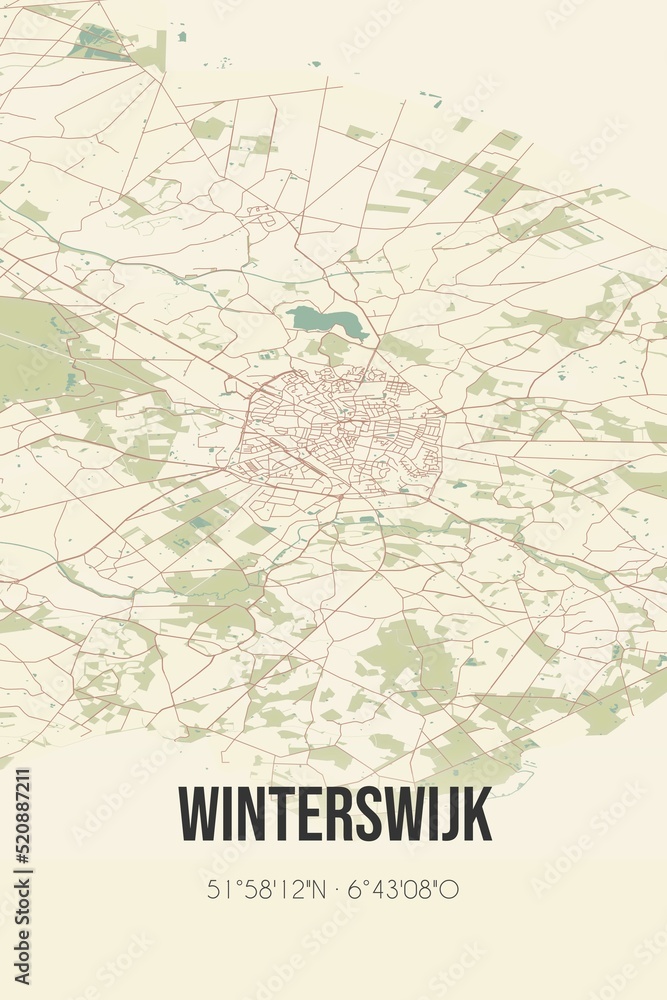 Retro Dutch city map of Winterswijk located in Gelderland. Vintage street map.