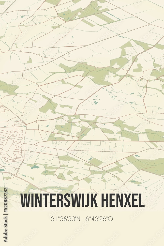 Retro Dutch city map of Winterswijk Henxel located in Gelderland. Vintage street map.
