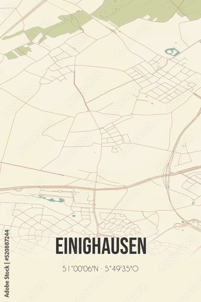 Retro Dutch city map of Einighausen located in Limburg. Vintage street map.