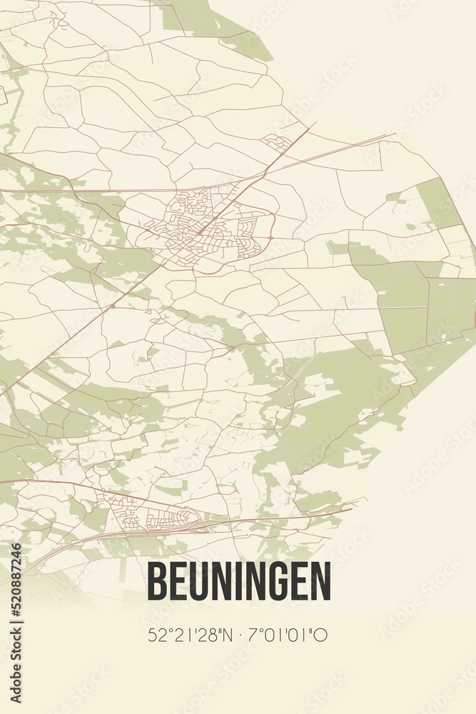 Retro Dutch city map of Beuningen located in Overijssel. Vintage street map.
