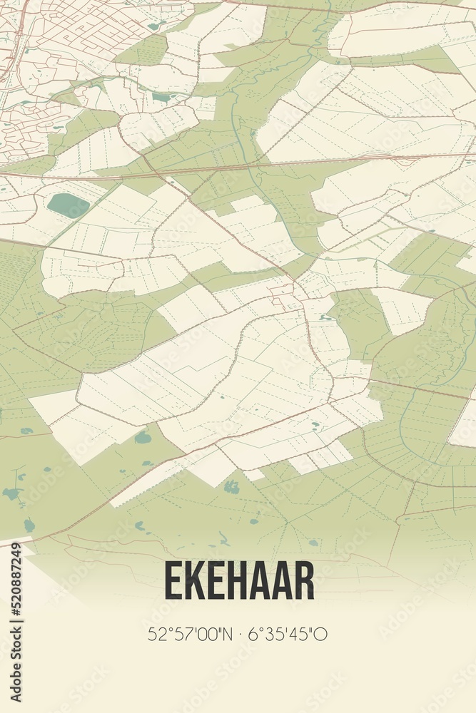 Retro Dutch city map of Ekehaar located in Drenthe. Vintage street map.