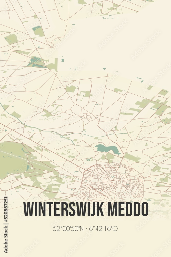 Retro Dutch city map of Winterswijk Meddo located in Gelderland. Vintage street map.