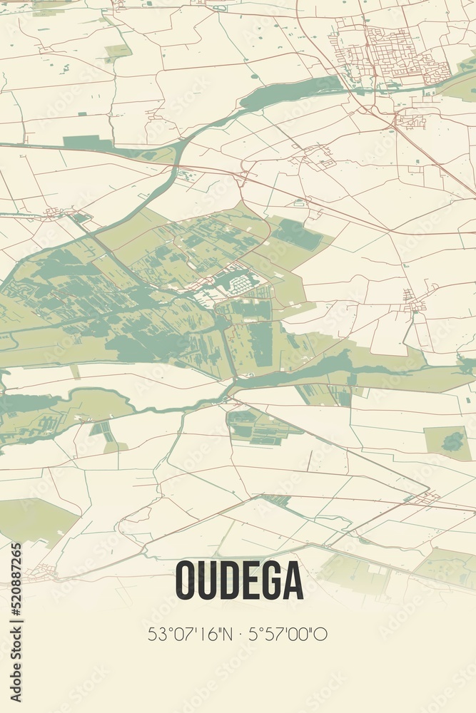Retro Dutch city map of Oudega located in Fryslan. Vintage street map.
