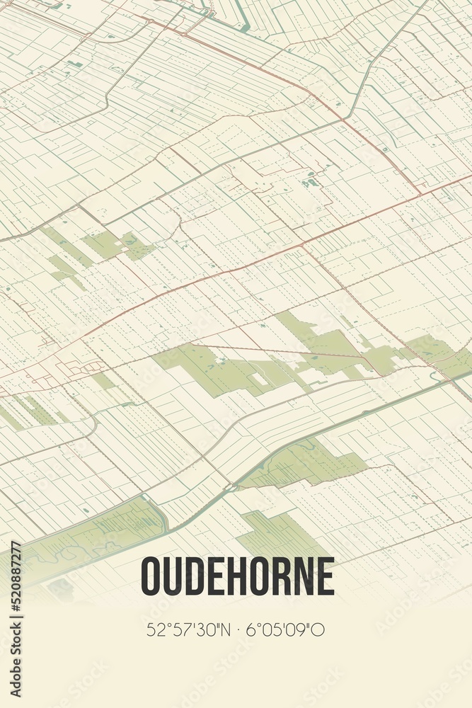 Retro Dutch city map of Oudehorne located in Fryslan. Vintage street map.