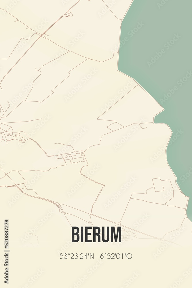 Retro Dutch city map of Bierum located in Groningen. Vintage street map.