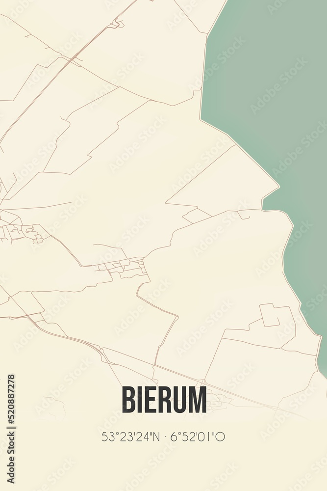 Obraz premium Retro Dutch city map of Bierum located in Groningen. Vintage street map.