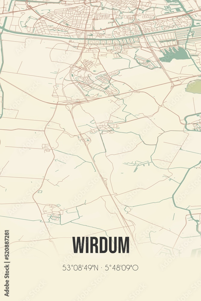 Retro Dutch city map of Wirdum located in Fryslan. Vintage street map.
