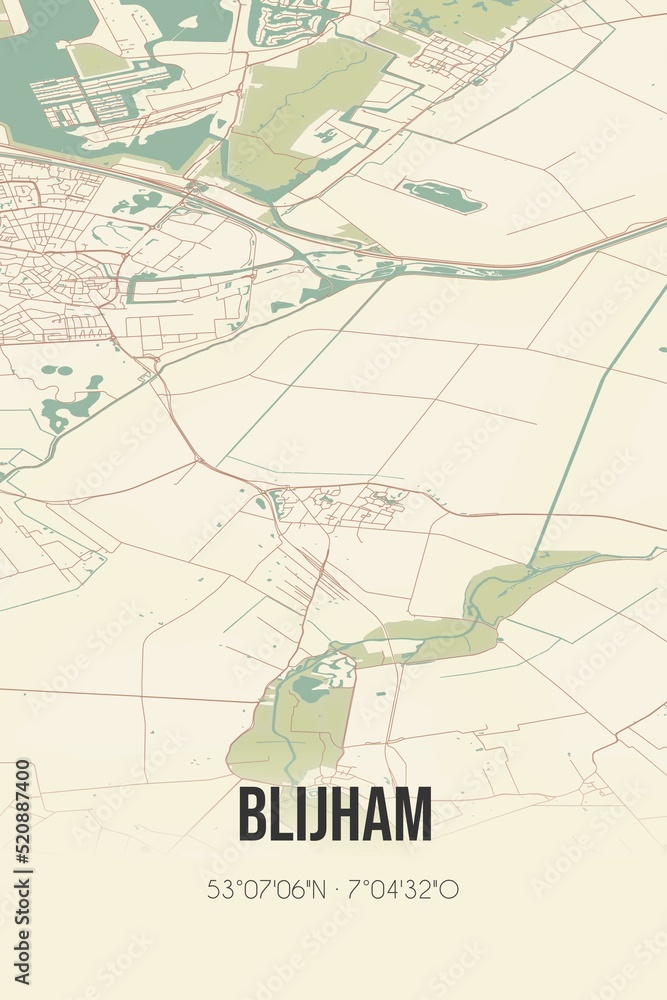 Retro Dutch city map of Blijham located in Groningen. Vintage street map. Retro Dutch city map of Blijham located in Groningen. Vintage street map.