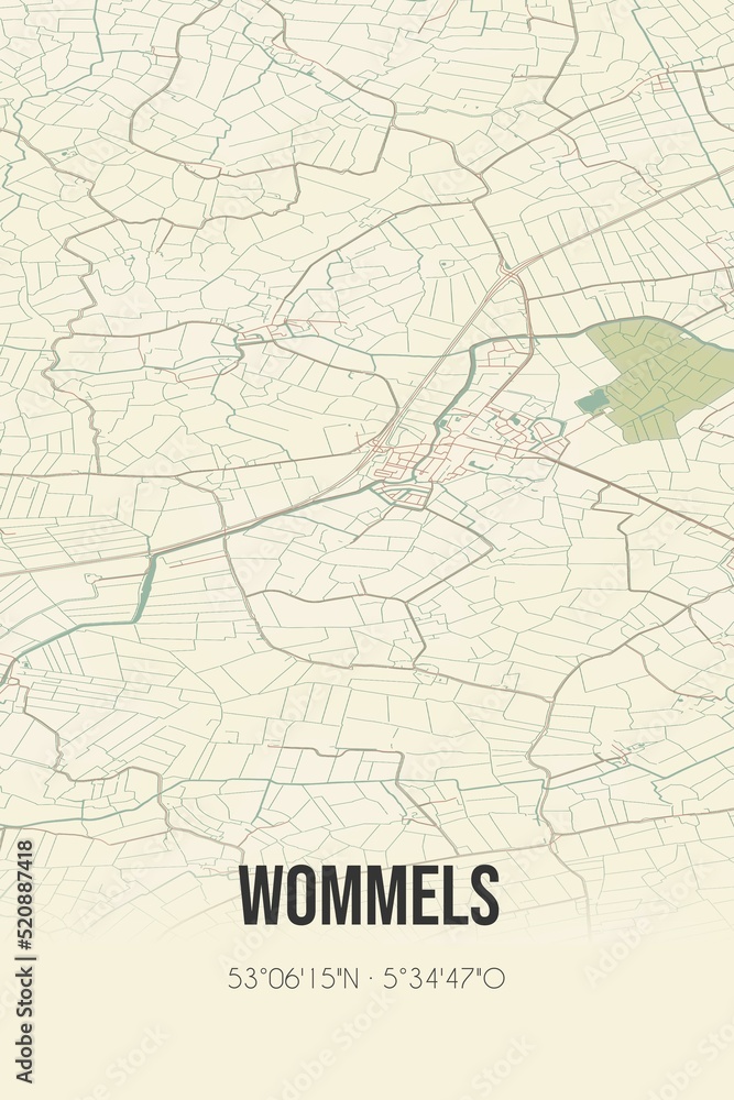 Retro Dutch city map of Wommels located in Fryslan. Vintage street map.