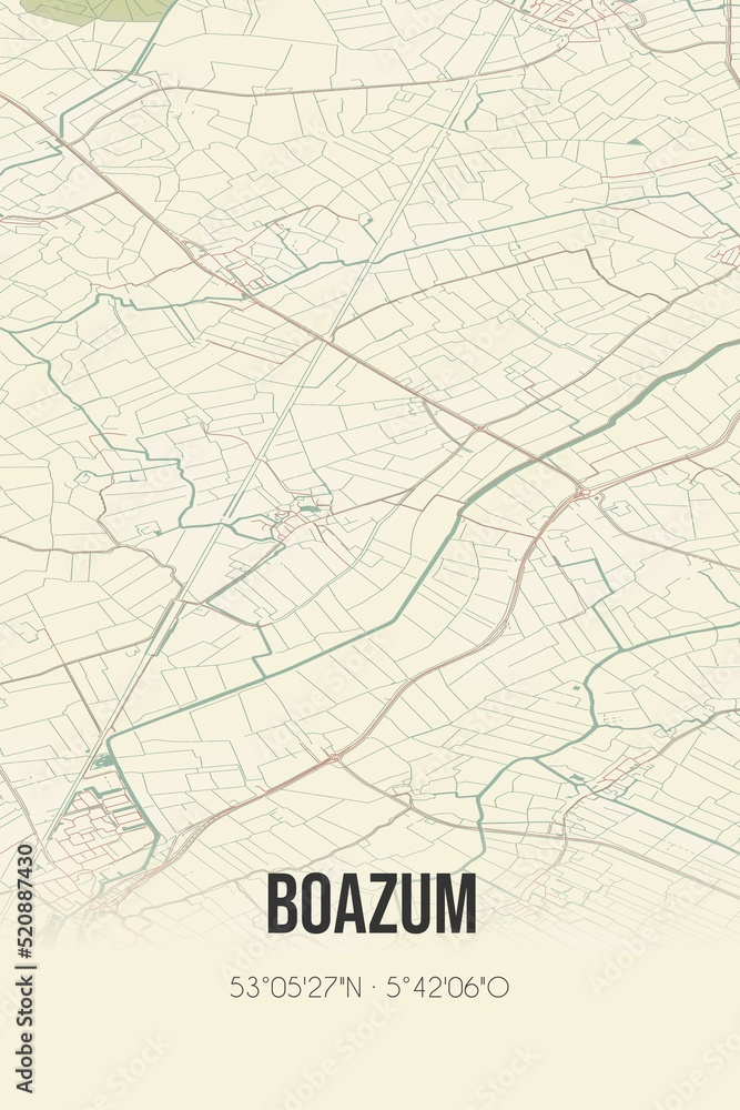 Retro Dutch city map of Boazum located in Fryslan. Vintage street map.