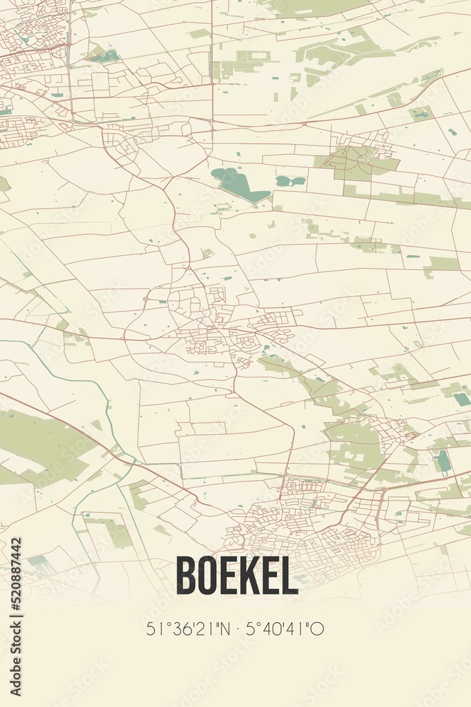 Retro Dutch city map of Boekel located in Noord-Brabant. Vintage street map.