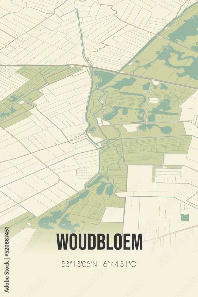 Obraz premium Retro Dutch city map of Woudbloem located in Groningen. Vintage street map.