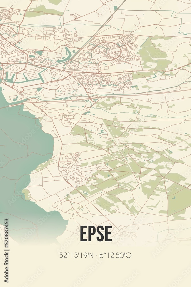 Retro Dutch city map of Epse located in Gelderland. Vintage street map.