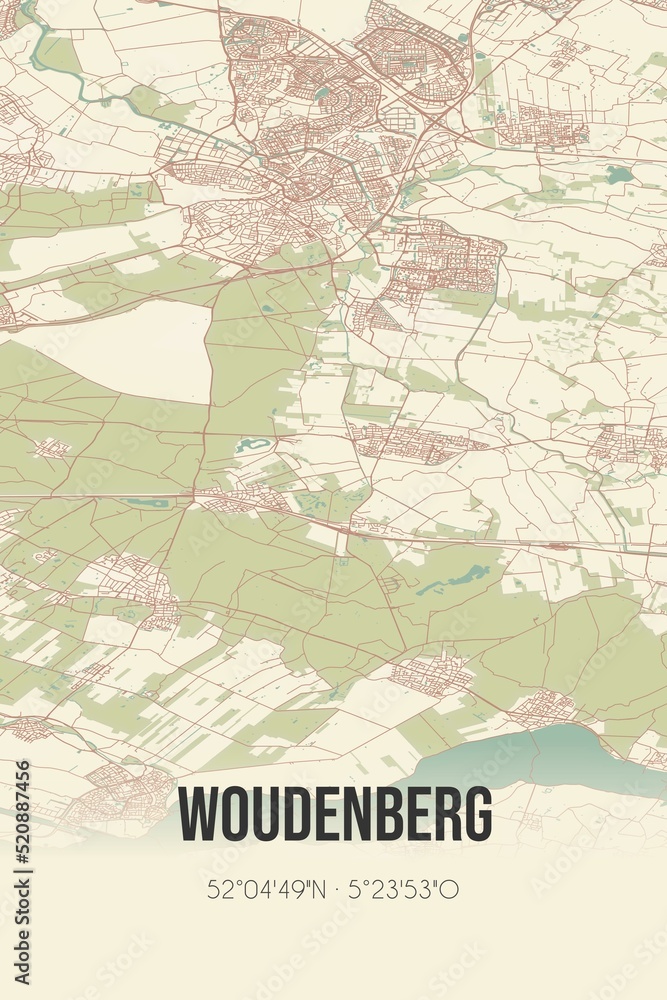 Retro Dutch city map of Woudenberg located in Utrecht. Vintage street map.