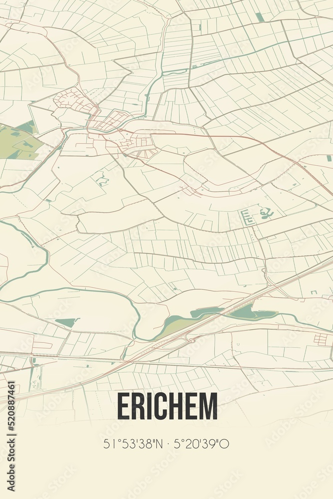 Retro Dutch city map of Erichem located in Gelderland. Vintage street map.