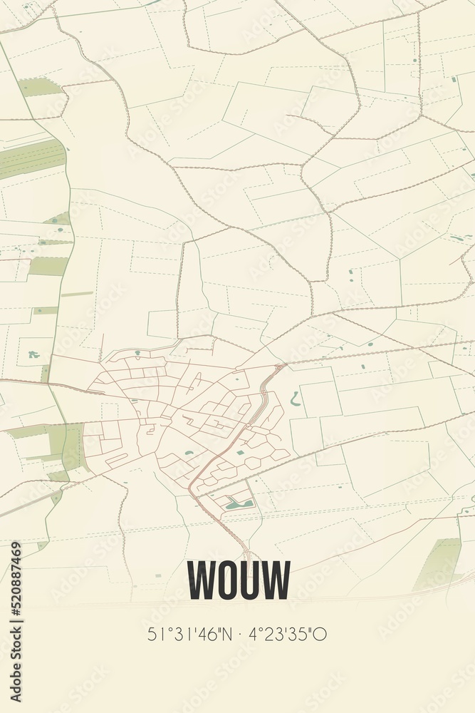 Retro Dutch city map of Wouw located in Noord-Brabant. Vintage street map.