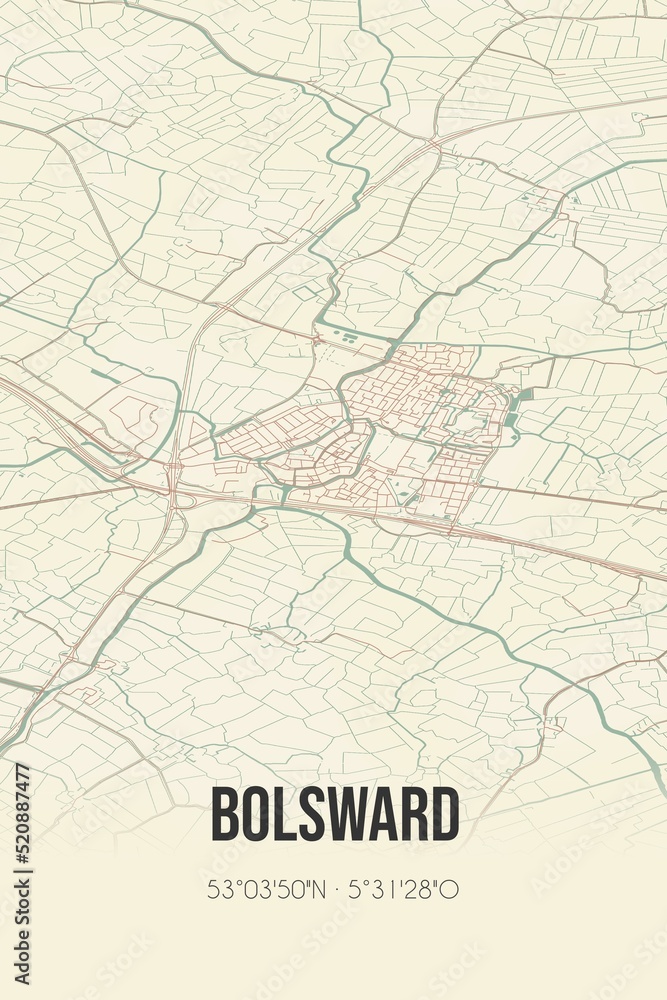 Retro Dutch city map of Bolsward located in Fryslan. Vintage street map.