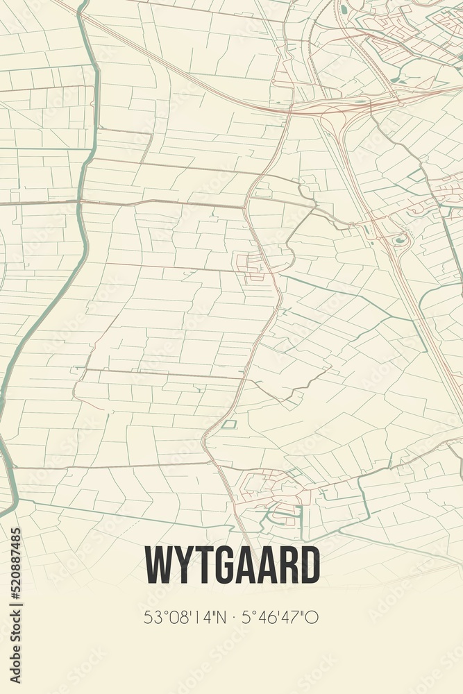 Retro Dutch city map of Wytgaard located in Fryslan. Vintage street map.