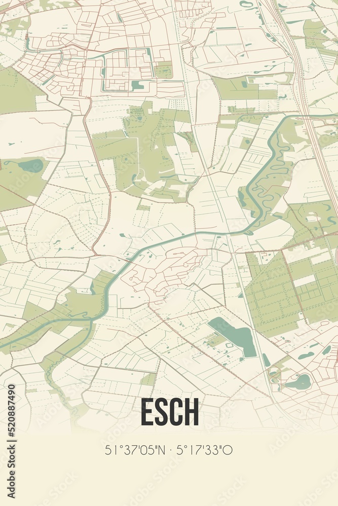 Fototapeta premium Retro Dutch city map of Esch located in Noord-Brabant. Vintage street map.
