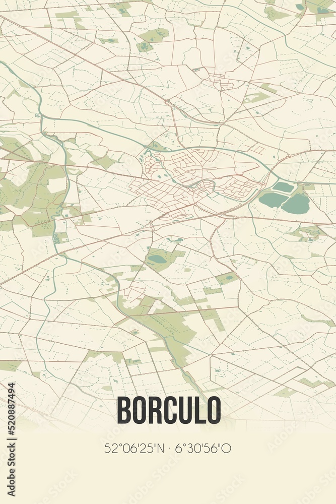 Retro Dutch city map of Borculo located in Gelderland. Vintage street map.