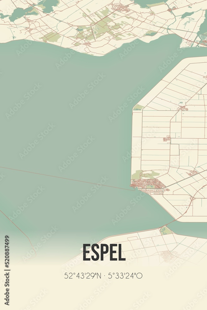 Obraz premium Retro Dutch city map of Espel located in Flevoland. Vintage street map.
