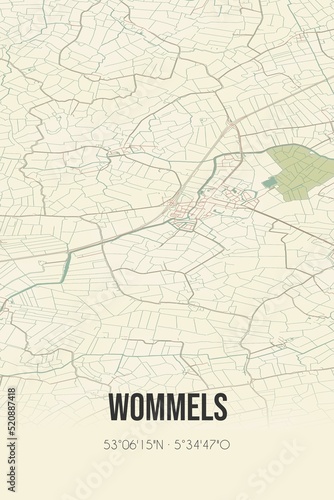 Retro Dutch city map of Wommels located in Fryslan. Vintage street map.
