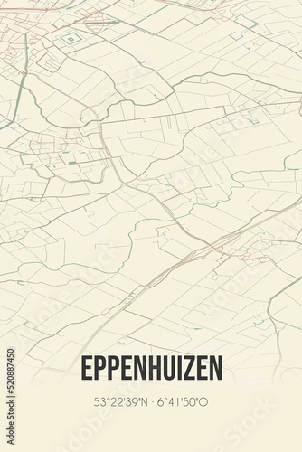 Retro Dutch city map of Eppenhuizen located in Groningen. Vintage street map.