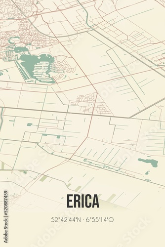 Retro Dutch city map of Erica located in Drenthe. Vintage street map.
