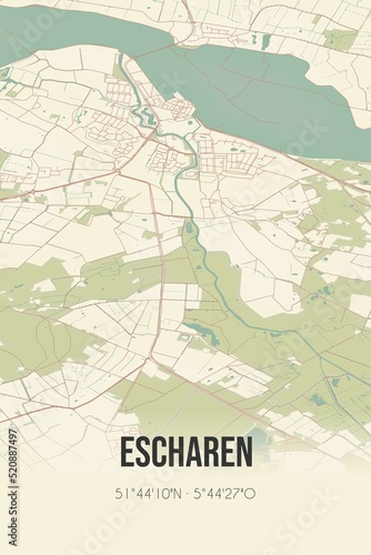 Retro Dutch city map of Escharen located in Noord-Brabant. Vintage street map.