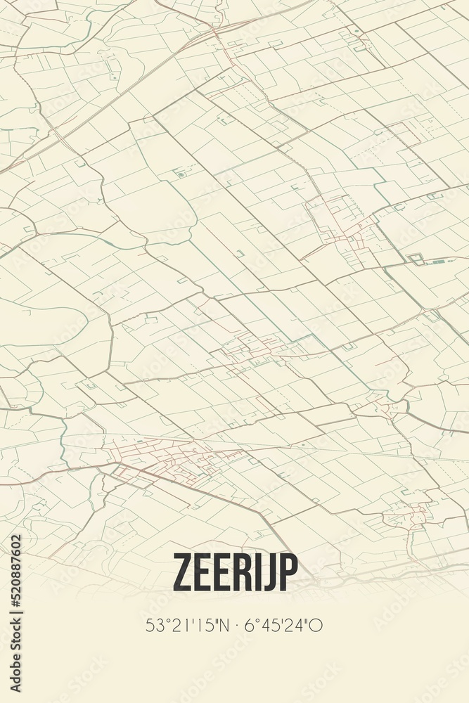 Retro Dutch city map of Zeerijp located in Groningen. Vintage street map.