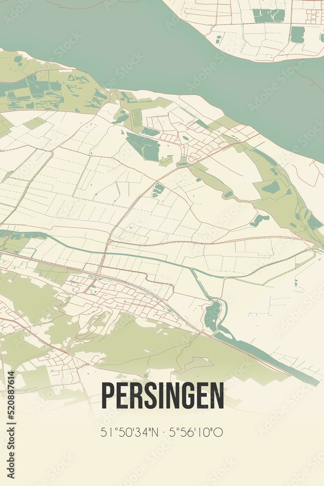 Retro Dutch city map of Persingen located in Gelderland. Vintage street map.