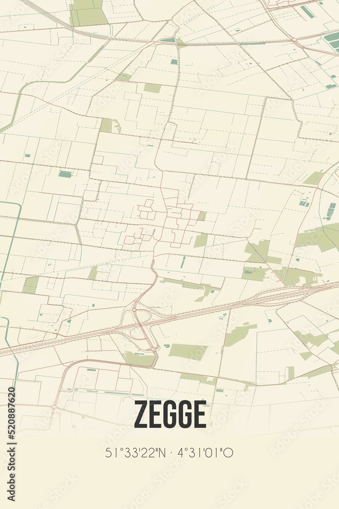 Retro Dutch city map of Zegge located in Noord-Brabant. Vintage street map.