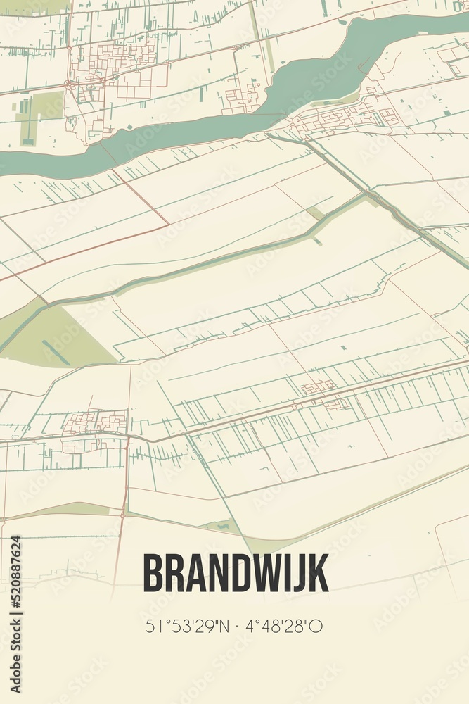 Retro Dutch city map of Brandwijk located in Zuid-Holland. Vintage street map. Retro Dutch city map of Brandwijk located in Zuid-Holland. Vintage street map.