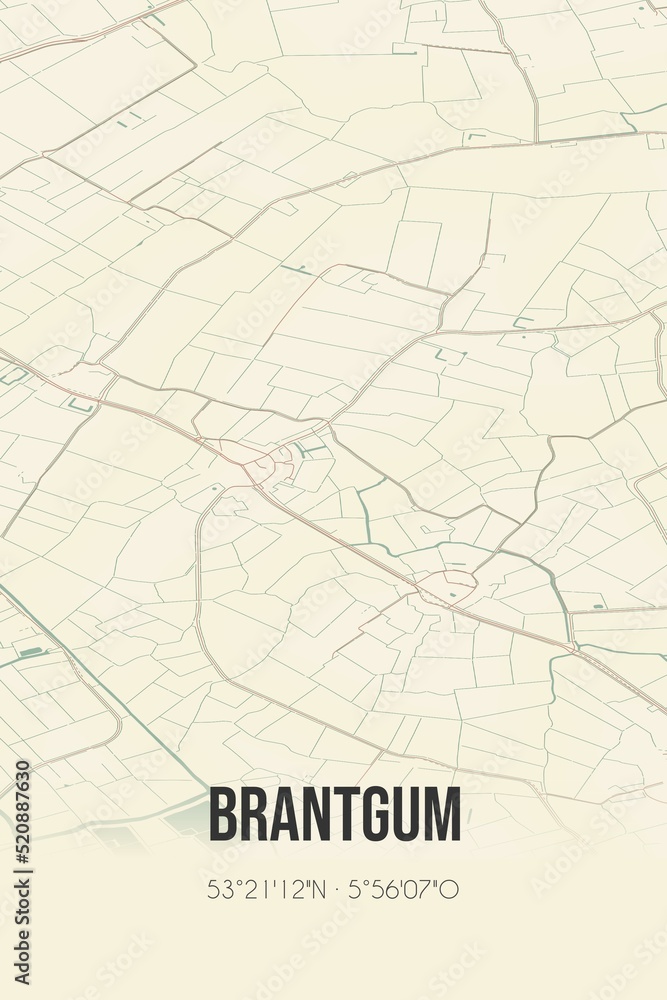 Retro Dutch city map of Brantgum located in Fryslan. Vintage street map.