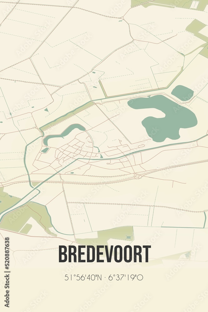 Retro Dutch city map of Bredevoort located in Gelderland. Vintage street map.