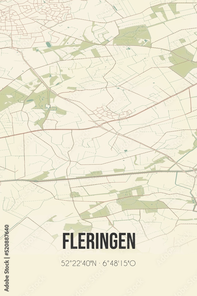 Retro Dutch city map of Fleringen located in Overijssel. Vintage street map.