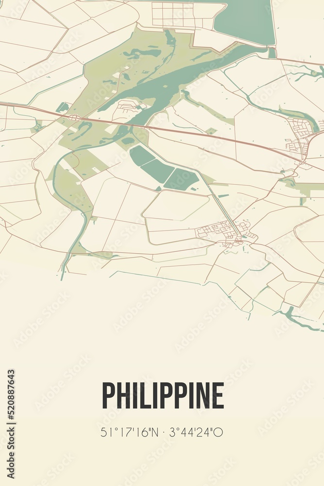 Retro Dutch city map of Philippine located in Zeeland. Vintage street map.