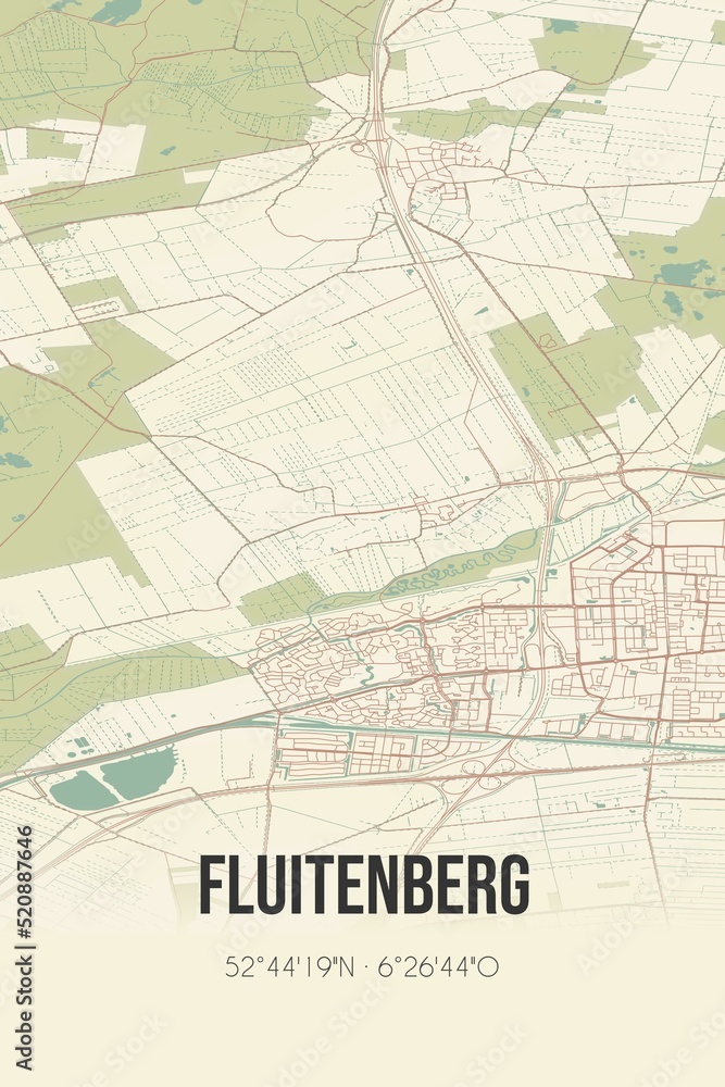 Obraz premium Retro Dutch city map of Fluitenberg located in Drenthe. Vintage street map.