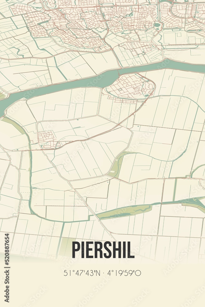 Fototapeta premium Retro Dutch city map of Piershil located in Zuid-Holland. Vintage street map.